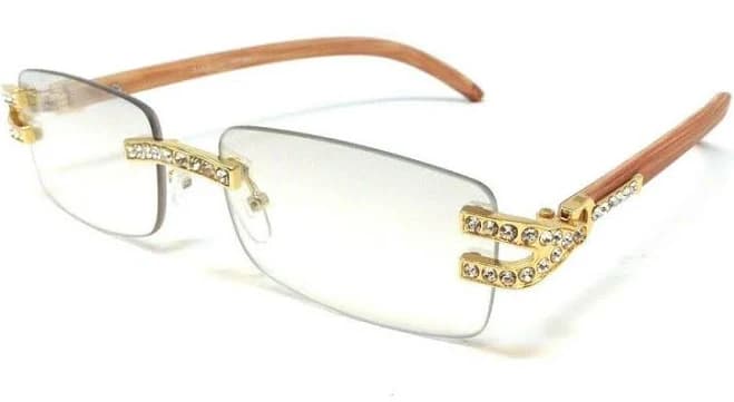 Slim Rimless Rectangular Metal Faux Wood Rhinestone Sunglasses Square