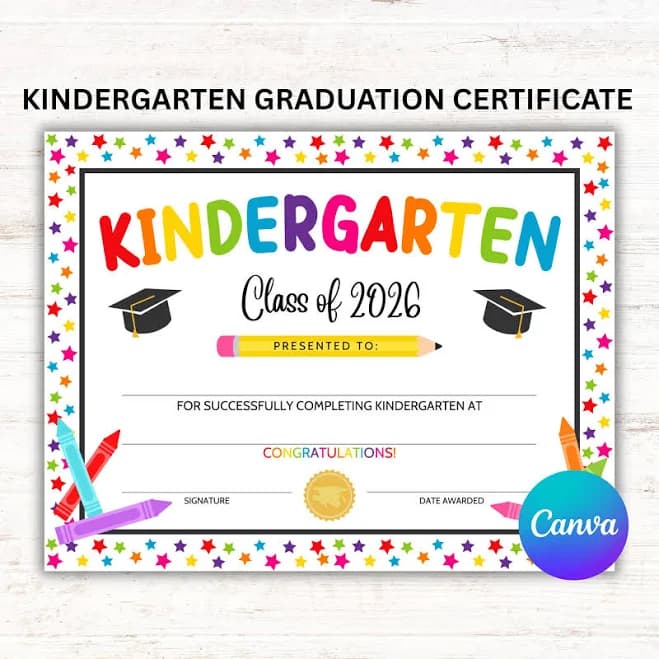 Kindergarten Graduation Certificate Editable, Class of 2026 Graduation Award, Canva Template PDF