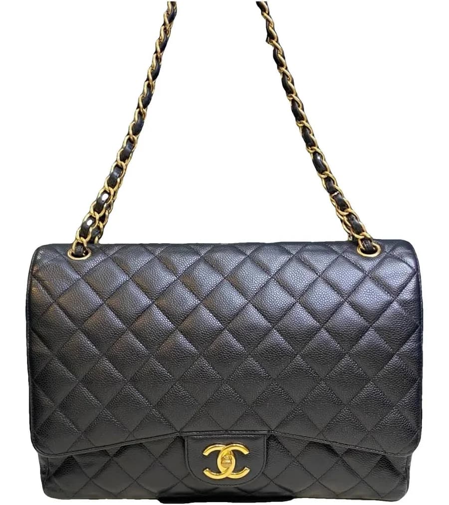 CHANEL Quilted Caviar Maxi Classic Double Flap Bag with Gold Har