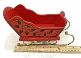 Vintage Christmas Wood Sleigh Red W/Holly Leaves Metal Runners Taiwan 8X5X3.5