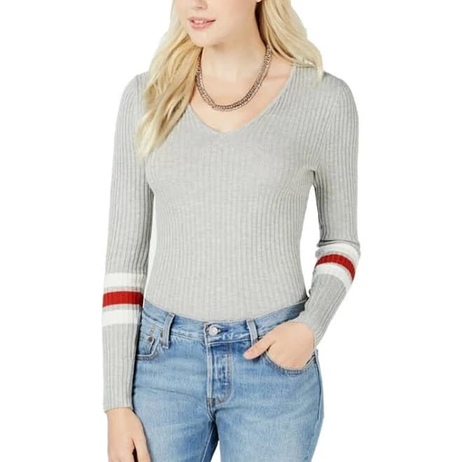 Hooked Up by IoT Juniors' Lace-Up Varsity-Stripe Sweater