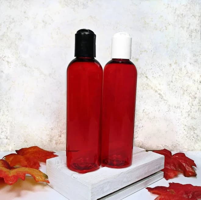 4 oz squeeze bottles, set of 3 Red plastic bottles with Black OR White disc dispenser bottle caps, refillable bathroom shampoo or body soap