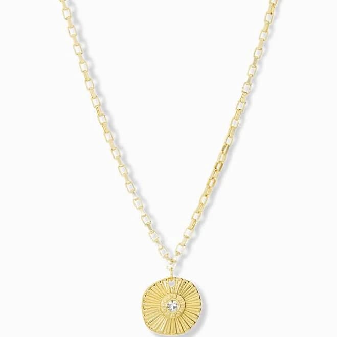 Marlyn Schiff Women's Gold Plated Box Chain Necklace with Ridged Coin Crystal Charm