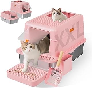 Topyangs Stainless Steel Litter Box with Lid, 20L Metal Enclosed Litter Box for Big Cat, Flip-Top Design with Anti-Leakage High Sides, Large Cat Lovers Gifts, Pink