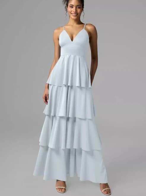 AW.Bridal A-line V-Neck Ankle Length Sleeveless Spaghetti Straps Satin Ruffles Tiered Bridesmaid Dresses Dress