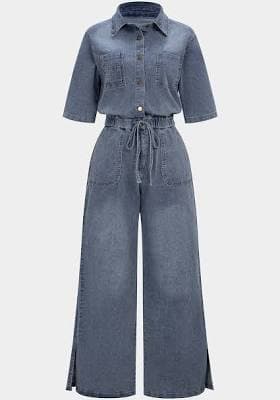 Micas Women's Casual Denim Button Drawstring Jumpsuit