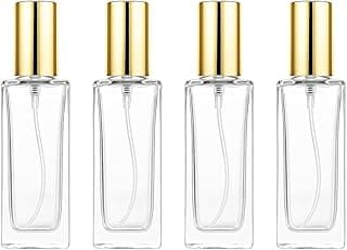 4Pcs 30ml Clear Square Glass Spray Bottle with Gold Cap Refillable Perfume Atomizer Travel Size Empty Fine Mist Spray Bottle for Essential Oils, Cologne, Skincare, DIY Aromatherapy