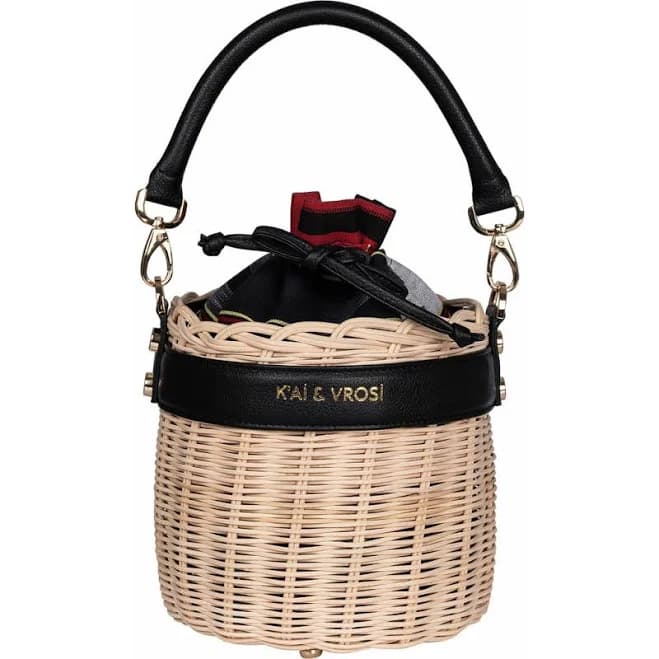 Kai & Vrosi Women's Leather & Straw Bucket Bag with Drawstring