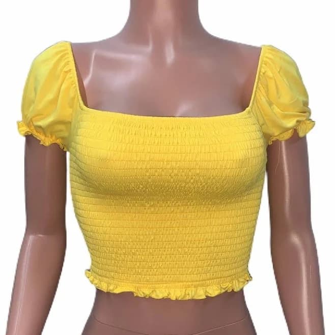 Yellow Smocked Stretchy Fitted Puffy Sleeves Coquette Crop Top Milkmaid
