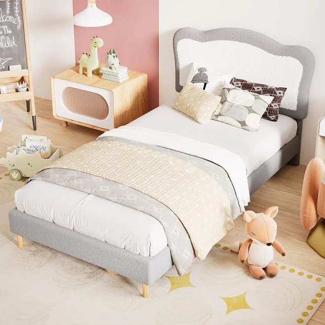Upholstered Bed Frame Platform Bed with Padded Headboard, Grey And White, Full