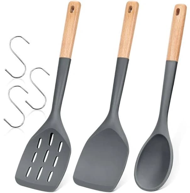 3 Pack Grey Silicone Spatula Turner Set Wooden Handle For Baking