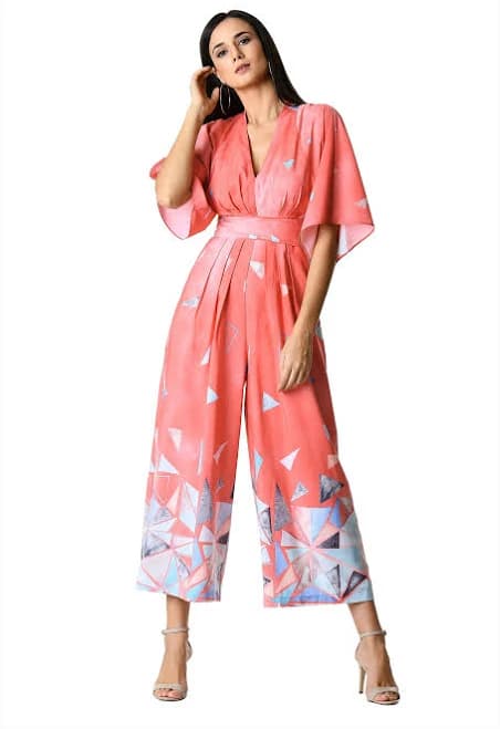 Pleated Graphic Print Crepe Jumpsuit