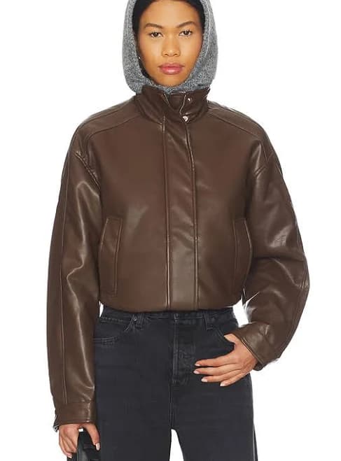 superdown Kona Faux Leather Bomber in Brown - size XXS