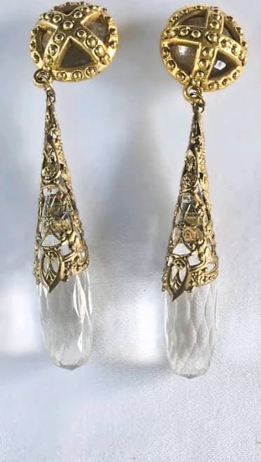 Wow 2.5 Inch Dangle Gold Filagree Over Crystal Teardrop Earrings