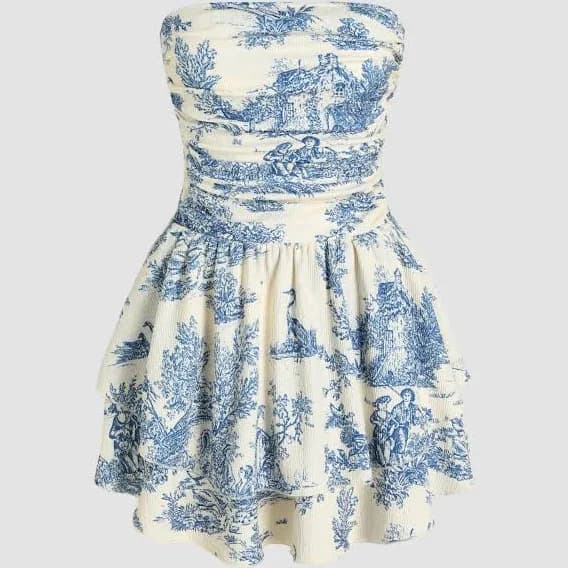 Ruched Toile de Jouy Mini Dress