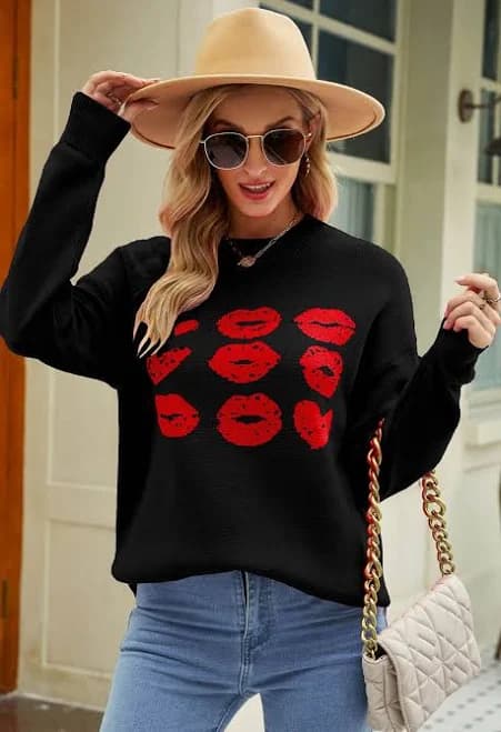 Women Casual Heart Pattern Knit Sweater Crew Neck Long Sleeve Valentines Soft Cute Pullover Sweater Top