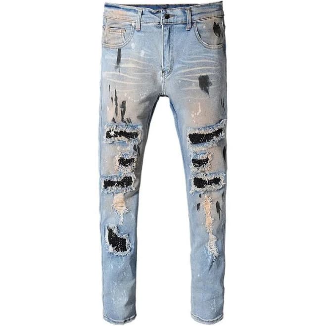 Ripped Crystal Patchwork Jeans