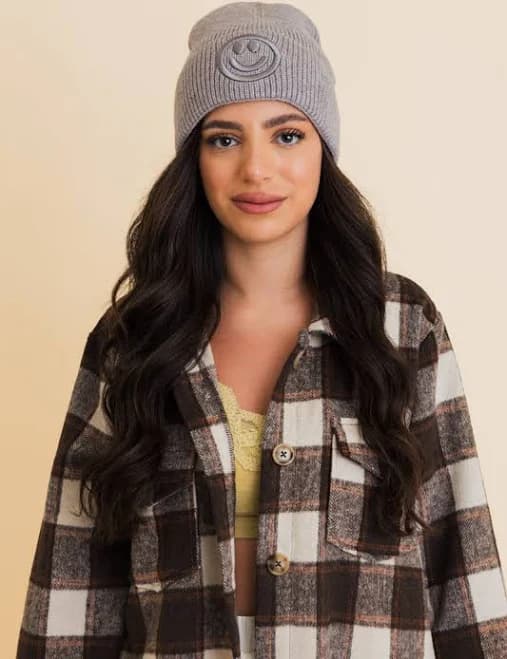 Embroidered Smiley Face Ribbed Knit Beanie