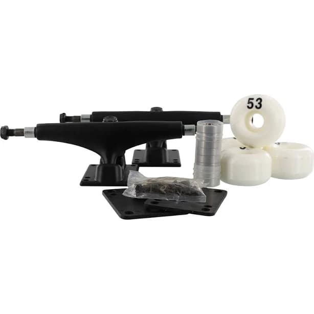 Warehouse Skateboards Black Trucks with 53mm White Wheels, Bearings, and Hardware Kit