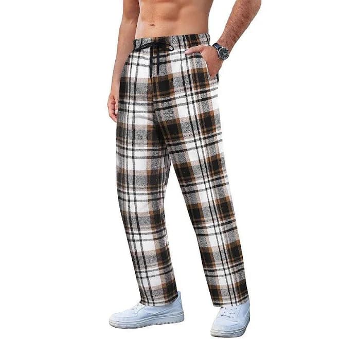 COOFANDY Men's Plaid Casual Pants Cotton Flannel Pajama Pants Drawstring Checkered Lounge Sweatpant, Size: XXL, Khaki Black White