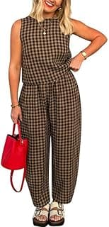 Gingham Sets Women 2 Piece Outfits Sleeveless Plaid Loungewear Checkered Crop Tanks and Pant Sets with Pockets