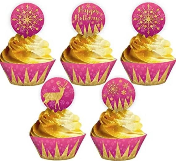 Reindeer Holiday Cupcake Kit - 48 Pieces - 24 Cupcake Toppers and 24 Wrappers - Pink Christmas Party Supplies - Pink Reindeer Holiday Party