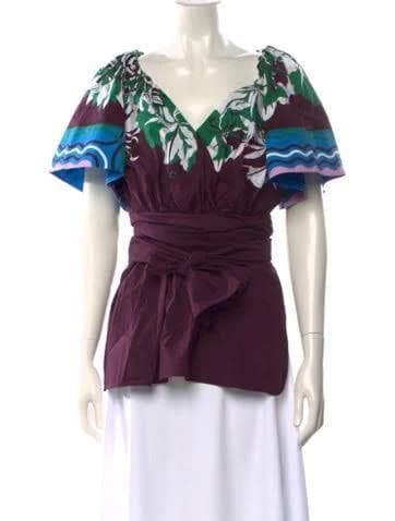 Emilio Pucci Floral Print V-Neck Blouse in Purple, Women's US 10 | L