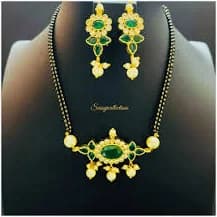 Black Bead Choker with Green Stones and Earrings