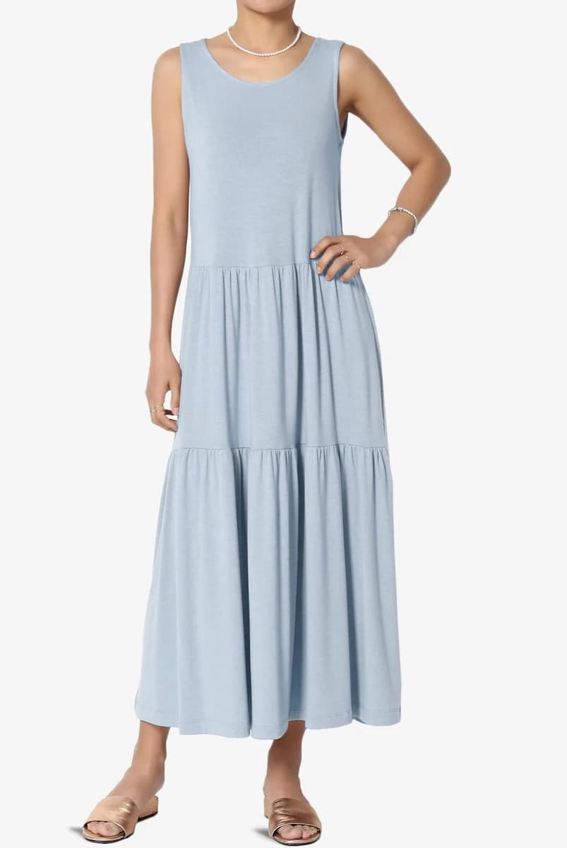 Summer Sleeveless Scoop Neck Tiered Jersey Relaxed Fit Long Midi Dress