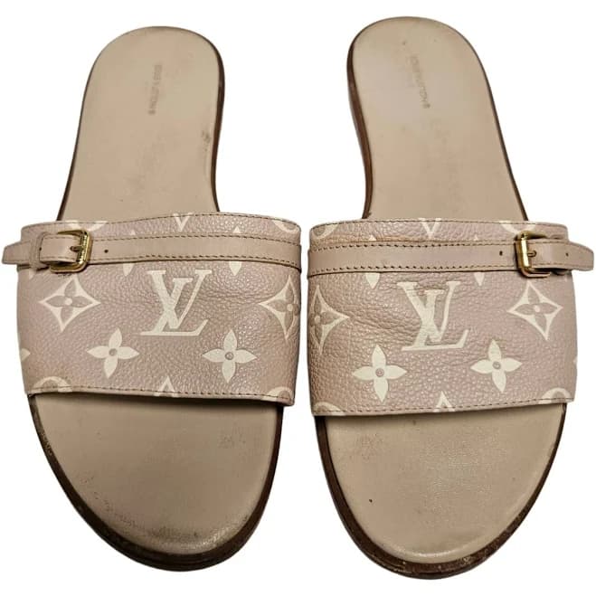 Louis Vuitton Light Grey Leather Monogram Slide Sandal, Size 41