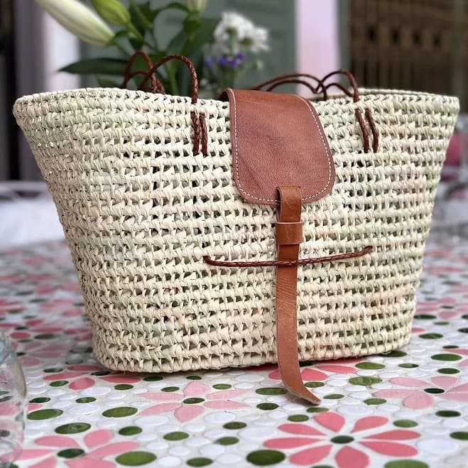 Handmade Moroccan Woven Straw Basket Bag with Leather Handles