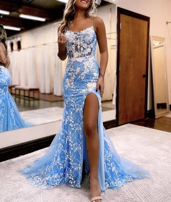 Aubrie Mermaid Lace Tulle Prom Dress with Slit
