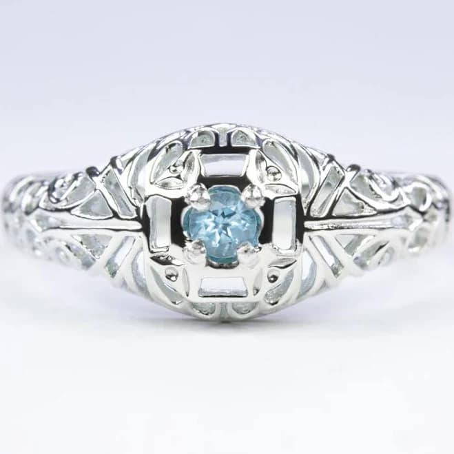 Sterling Silver Vintage Swiss Blue Topaz Dainty Filigree Cocktail Ring