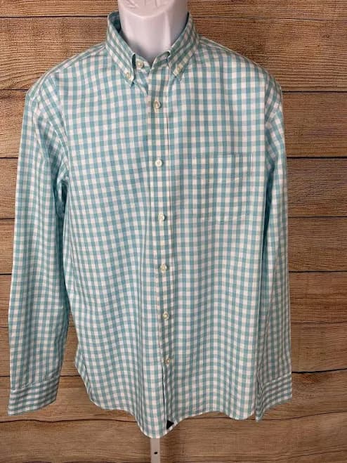 Untuckit Men's Sz Large Blue Teal White Plaid Check Button Up Long