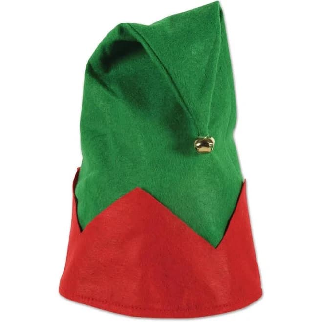 11½" x 16" Beistle Christmas Green & Red Felt Elf Hat with Jingle Bell