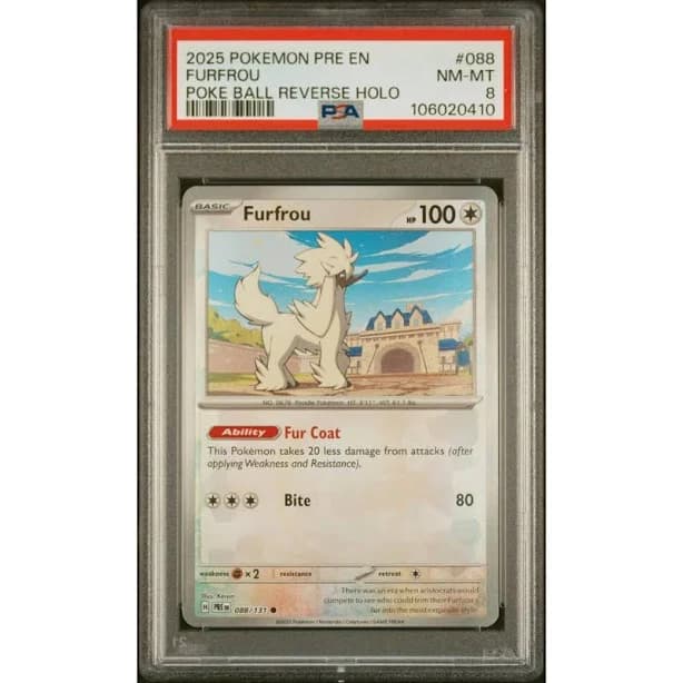 2025 Pokemon Pre En-Prismatic Evolutions 088 Furfrou Poke Ball Reverse Holo PSA 8