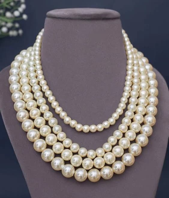 Long Big Cream White Faux Pearl Necklace 4 Strand Layered Bead Chunky