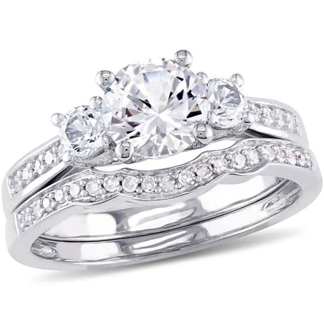 Zales 10K White Gold Lab-Created White Sapphire and Diamond Three Stone Bridal Set