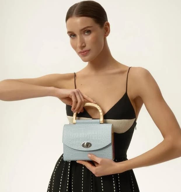 Crocodile Embossed Leather Mini Bag with Wood Inlay