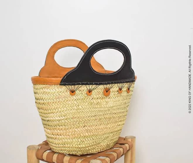 French Basket with Double Flat Leather Handles – Straw Tote, Beach Bag, Wicker Shopping Basket, Handmade Market Basket