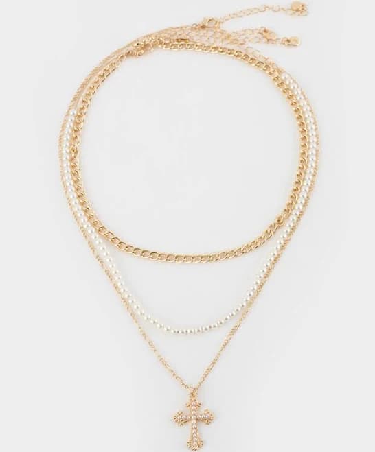 Full Tilt Layered Pearl Cross Necklace - Gold - One Size