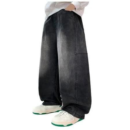 Bobogojp Boys Baggy Jeans, Wide Leg Elastic Waist Denim Pants Loose Fit Trousers Vintage Y2K Streetwear Black for Size 13-14 Years, Kids Unisex