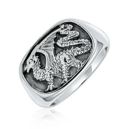 Rectangle Mens Royal Dragon Signet Ring Oxidized 925 Sterling Silver