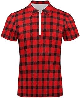Mens Polo Shirts -Red Black Buffalo Check Plaid Tartan Scottish Pattern, Zipper Short Sleeve Slim Casual Fashion Shirt