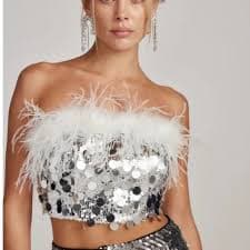 12th Tribe | Tops | 2th Tribe Sella Silver Sequin Feather Trim Tube Top | Poshmark