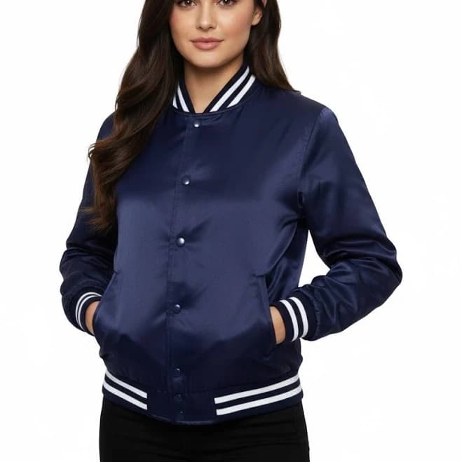 Bomber Satin Jacket Navy Blue White Trim Bomber College Varsity