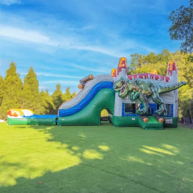 XJUMP T-Rex Dinosaur Inflatable Water Slide Bounce House Combo with Splash Pool (with Air Blower), Commercial Grade, 100% PVC Vinyl, for Kids and Adults, Basketball Hoop, Outdoor Backyard, Wet Dry