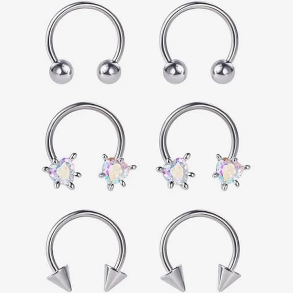 Steel Silver Iridescent Gem & Spike Circular Barbell 6 Pack