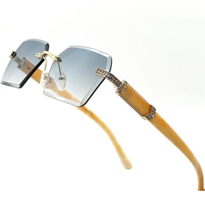 Rimless Sunglasses Octagon Lens Rhinestone Accents Wood Arms Fashion