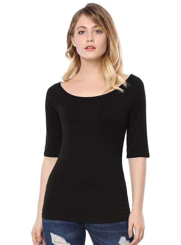 Allegra K Scoop Neck Half Sleeves Fitted Layering Soft T-Shirt